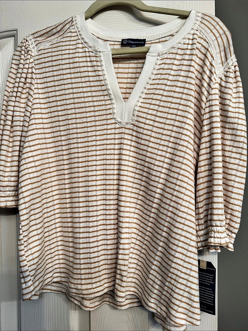 Democracy Elbow Puff Sleeve Picot V-Neck Crochet Detail Knit Top Knit Top White